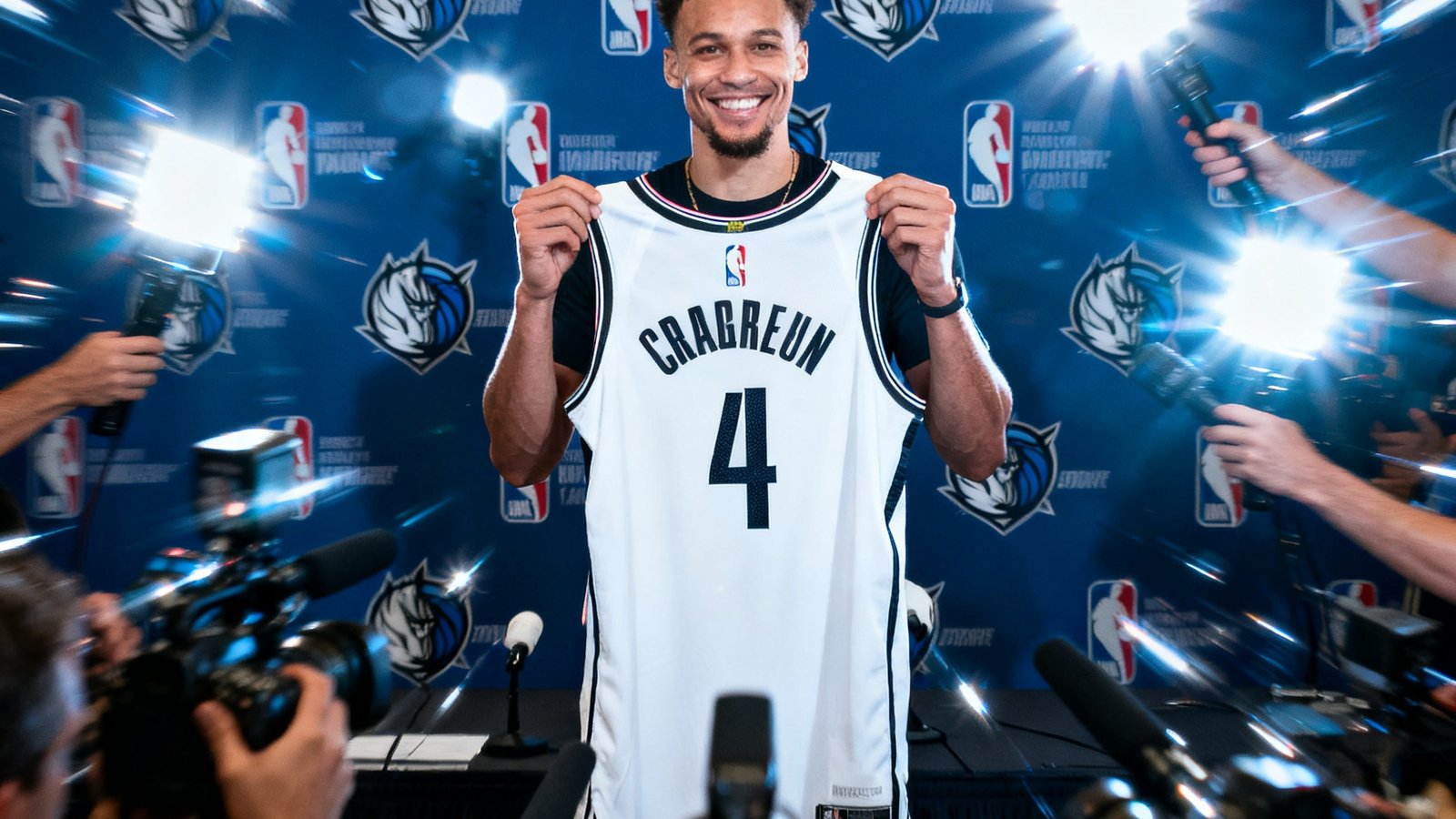 NBA球星在新闻发布会上举起新球队球衣，背景为球队标志墙，闪光灯密集闪烁，该球员面带微笑展示球衣号码